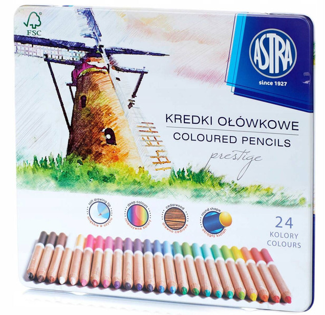 Kredki ołówkowe 24kol derw. cedrowe met. pudełko ASTRA PRESTIGE