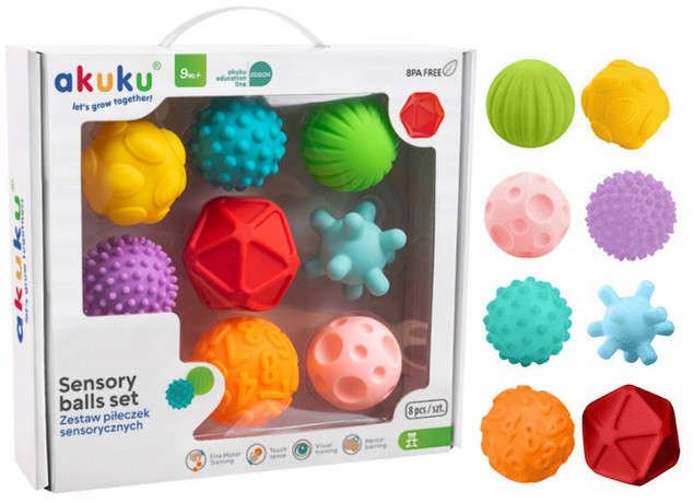 AKUKU PIŁECZKI PIŁKI SENSORYCZNE 0M+ 8szt A0452