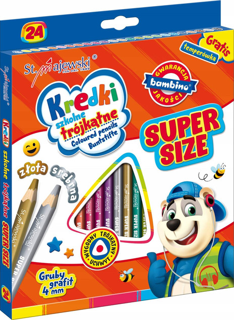 Kredki szkolne trójkątne 24 kolory Super Size + temperówka Majewski mix cena za 1 szt