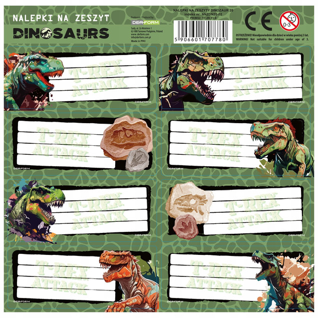 Naklejki Na Zeszyt DINOZAUR Dinozaury 16 Naklejek Derform