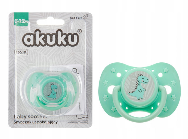 AKUKU Smoczek USPOKAJAJĄCY SILIKONOWY Symetryczny DINO Zielony 6-12m+