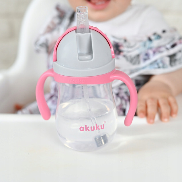 AKUKU Kubek Niekapek Z Obciążoną Słomką RÓŻOWY PASTEL 9M+ 280 ml A0676