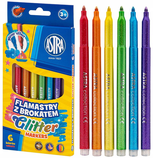 Flamastry okrągłe z brokatem 6 kolorów ASTRA