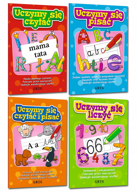 Komplet 4 Książek Edukacyjnych Do Nauki CZYTANIA LICZENIA PISANIA Greg