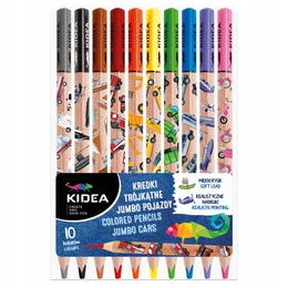 KIDEA Kredki Ołówkowe Szkolne POJAZDY 10 Kolorów Jumbo Dla Chłopca