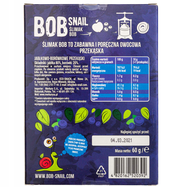 4x Przekąski BOB SNAIL Owocowe MIX Jabłko Malina Truskawka Bez Cukru 240g