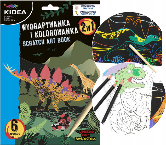 WYDRAPYWANKA KOLOROWANKA DINOZAURY 6 ark. + RYSIK