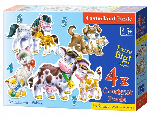Puzzle 4w1 Układanka ZWIERZĘTA Z DZIEĆMI Pieski Kotki Konie 3+ Castorland