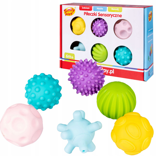 Piłki Piłeczki Sensoryczne EDUKACYJNE Dla Niemowląt 6szt Gryzaki Smily Play