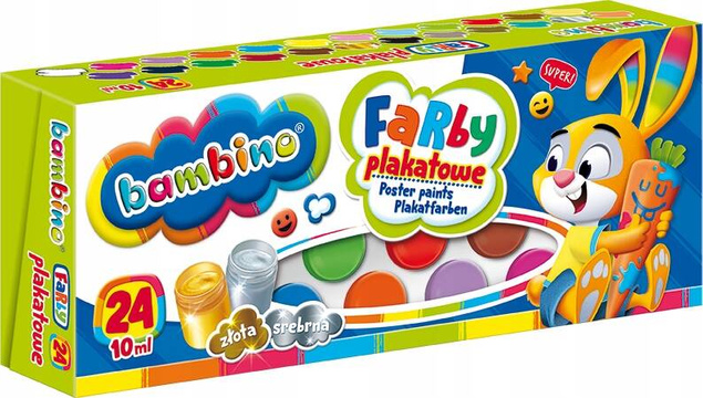 Farby Plakatowe 24 Kolory Złota Srebrna 10 ml Bambino