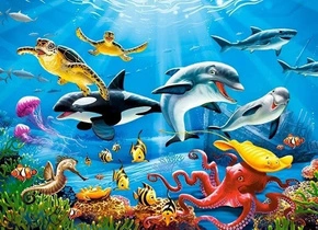 Puzzle 200 Układanka Zwierzęta RYBY Morskie Delfiny Rekiny Żółw 7+ Castor