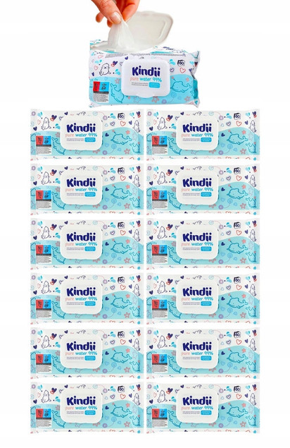KINDII Chusteczki NAWILŻANE Pure Water WODNE Bez Perfum z Klapką 60szt. x12