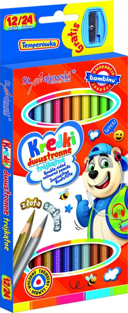 Kredki dwustr. 12/24kol. trójkątne 18cm + temperówka MAJEWSKI