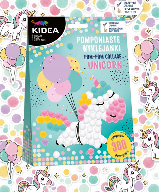 KIDEA POMPONIASTE WYKLEJANKI UNICORN JEDNOROŻEC, zestaw kreatywny