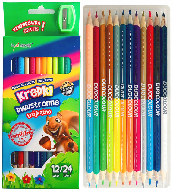 Kredki dwustr. 12/24kol. trójkątne 18cm + temperówka MAJEWSKI