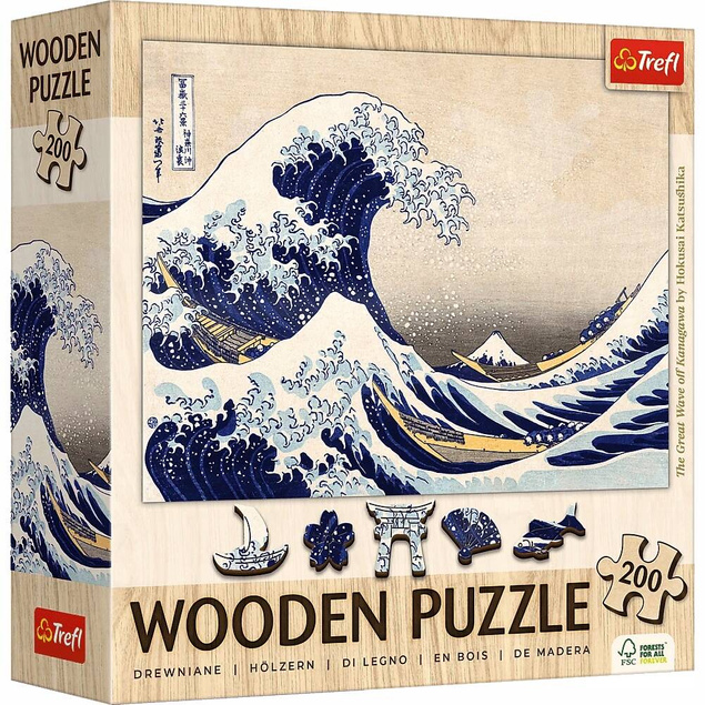 Puzzle 200 Drewniane Wielka FALA W KANAGAWIE Hokusai Katsushika 9+ Trefl