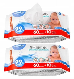 2x Mokre Jednorazowe Chusteczki Nawilżane Nawilżone Wodą 99% 70szt Akuku