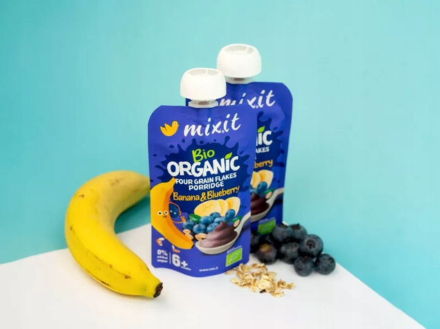 6x MIXIT BIO Kaszka Naturalna BANAN JAGODA Płatki Czteroziarniste 110g 6M+