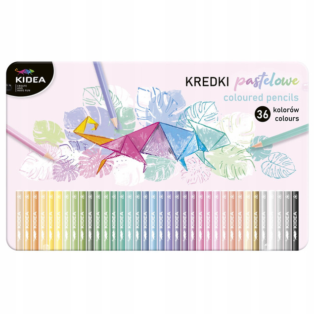 KIDEA Kredki pastelowe trójkątne w metalowym pudełku 36 kol