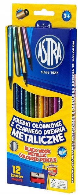 Kredki ołówkowe czarne drewno metalik 12kol ASTRA