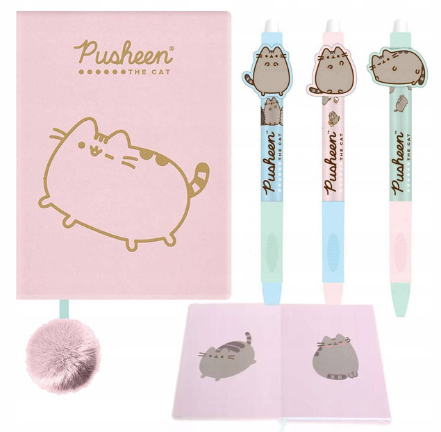 Pamiętnik Pluszowy Notes PUSHEEN + 3x Długopis Wymazywalny Kotek Majewski