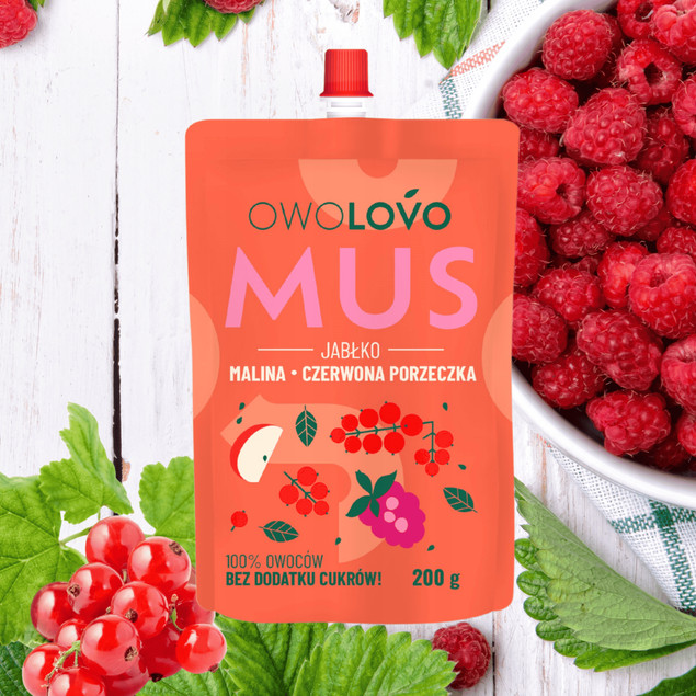 OWOLOVO PREMIUM mus owocowy JABŁKO MALINA PORZECZKA 200g SMAK 3 owoce