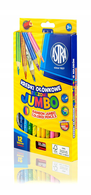 Kredki Ołówkowe Jumbo Trójkątne Tęczowe + Temperówka 12 Kolorów 3+ Astra