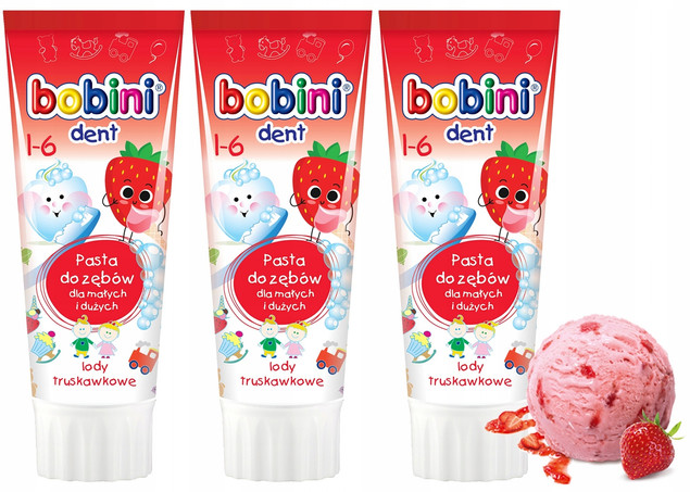 BOBINI Pasta Do Zębów DLA DZIECI 1-6 o Smaku LODÓW TRUSKAWKOWYCH 75ml x3