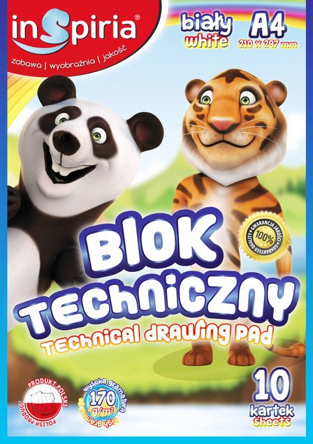 BLOK TECHNICZNY SZKOLNY GRUBY PAPIER FORMAT A4 10 KARTEK BIAŁY 170 G