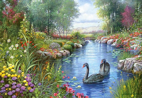 Puzzle 1500 Układanka Krajobraz CZARNE ŁABĘDZIE Rzeka Las 9+ Castorland