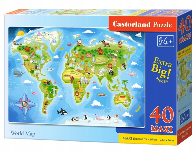 PUZZLE 40 MAXI Układanka Edukacyjna MAPA ŚWIATA Kontynenty Duże 4+ Castor