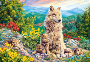 Puzzle 200 Układanka Natura WILKI Małe Wilczątka Kwiaty Las 7+ Castorland