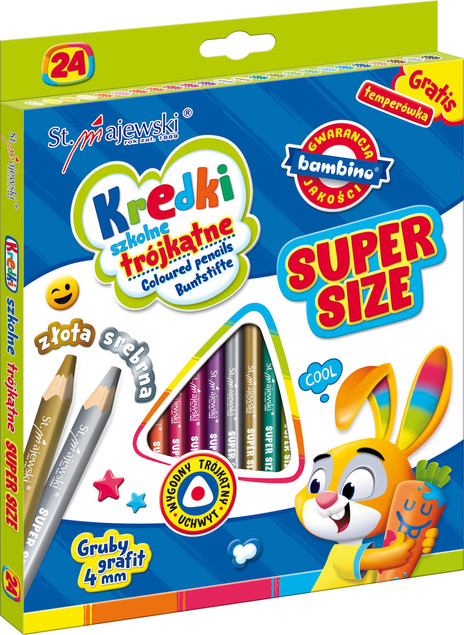 Kredki szkolne trójkątne 24 kolory Super Size + temperówka Majewski mix cena za 1 szt