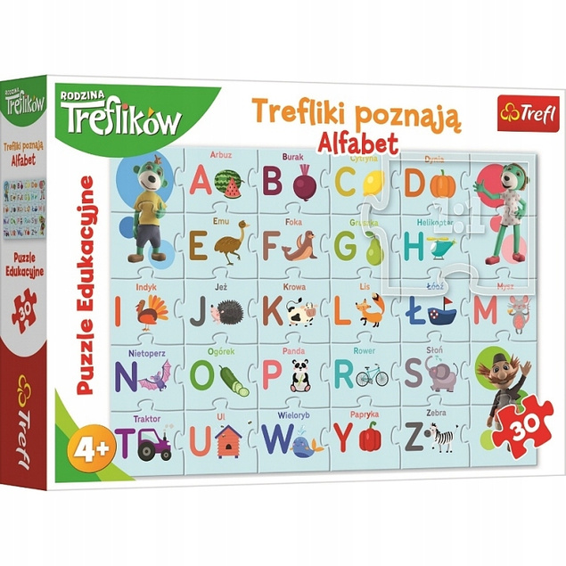 Puzzle Edukacyjne 30 Układanka TREFLIKI POZNAJĄ ALFABET Rodzina 4+ Trefl