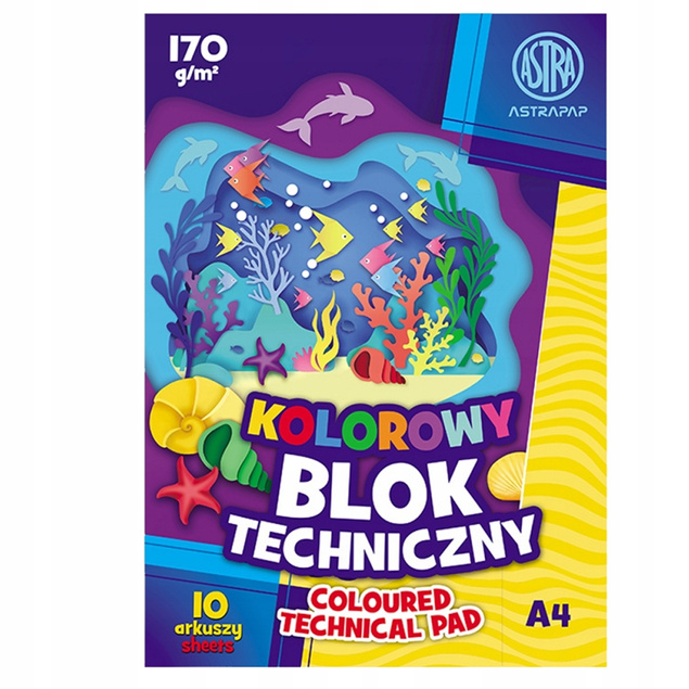 Blok techniczny KOLOROWY Astra 10 kartek A4 Dla Dzieci 170g Astra