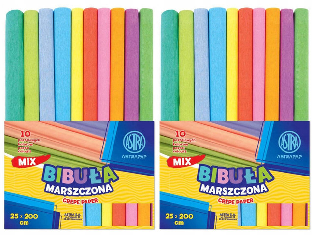 2x Bibuła Marszczona Dekoracyjna 10 Kolorów Pastelowe 25x200cm Astra