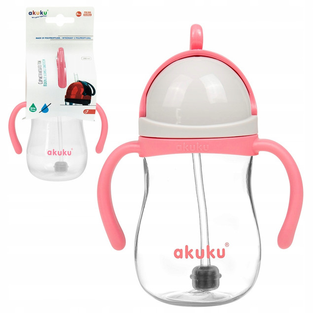 AKUKU Kubek Niekapek z Obciążoną Słomką RÓŻOWY PASTEL 9M+ 280 ml A0676