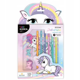ZESTAW OŁÓWEK KREDKI I GUMKI 9 ELEMENTÓW UNICORN KIDEA
