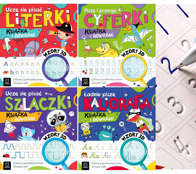 Komplet 4 Książeczek Edukacyjnych z Rowkami Nauka Pisania Dziecka 4–6 Lat