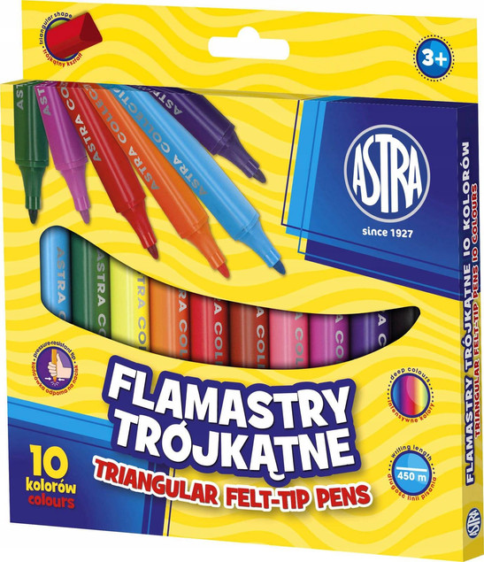 Flamastry Trójkątne Pisaki Szkolne JUMBO 10 Kolorów 3+ Astra