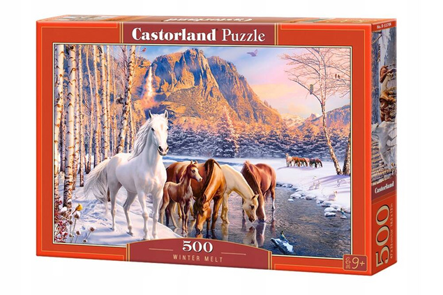 PUZZLE 500 UKŁADANKA WIDOK ZIMA KONIE ZWIERZĘTA GÓRY RZEKA LAS 9+ CASTOR