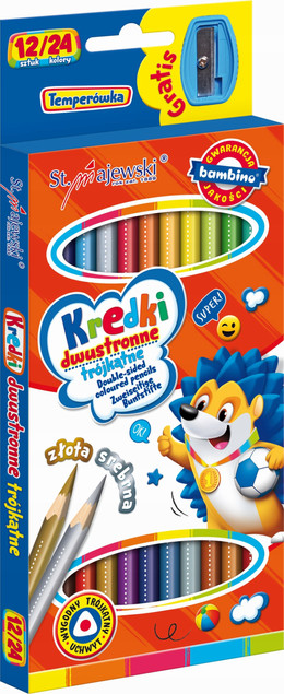 Kredki dwustr. 12/24kol. trójkątne 18cm + temperówka MAJEWSKI