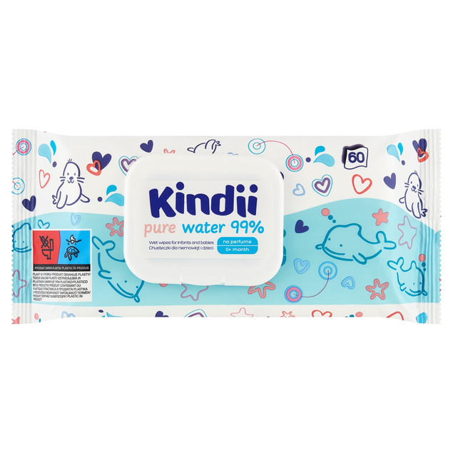 KINDII Chusteczki NAWILŻANE Pure Water WODNE Bez Perfum z Klapką 60 szt. x3