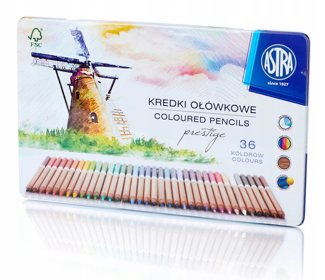 Kredki ołówkowe 36kol derw. cedrowe met. pudełko ASTRA PRESTIGE