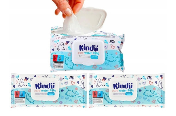 KINDII Chusteczki NAWILŻANE Pure Water WODNE Bez Perfum z Klapką 60 szt. x3
