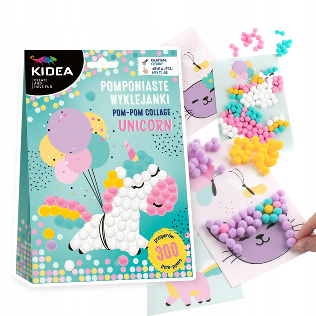 KIDEA POMPONIASTE WYKLEJANKI UNICORN JEDNOROŻEC, zestaw kreatywny