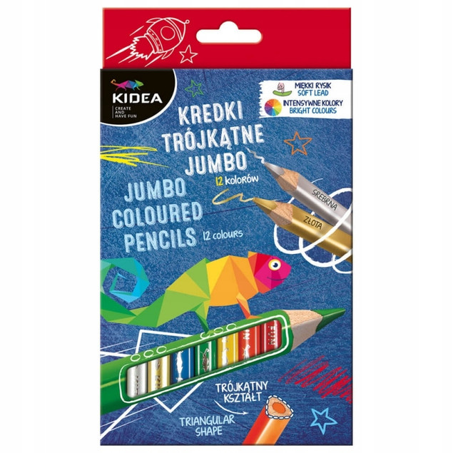 Kredki Trójkątne Grube Szkolne 12 Kolorów Jumbo Kidea KTG12KA