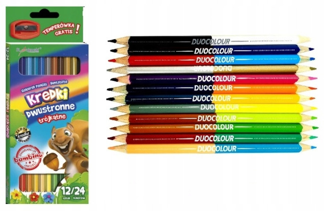 Kredki dwustr. 12/24kol. trójkątne 18cm + temperówka MAJEWSKI