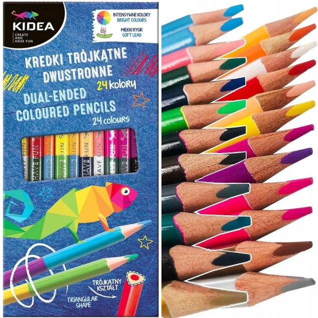 Kredki trójkątne dwustronne 24 kolory KIDEA