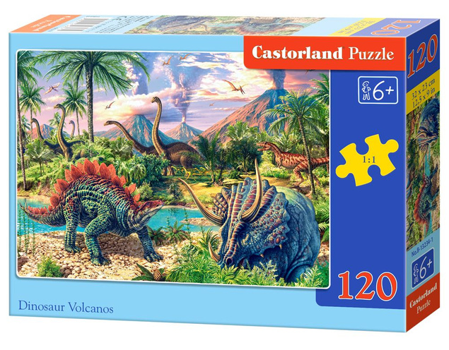 PUZZLE 120EL. DINOZAURY PRZY WULKANACH KRAJOBRAZ UKŁADANKA KLASYCZNA 6+